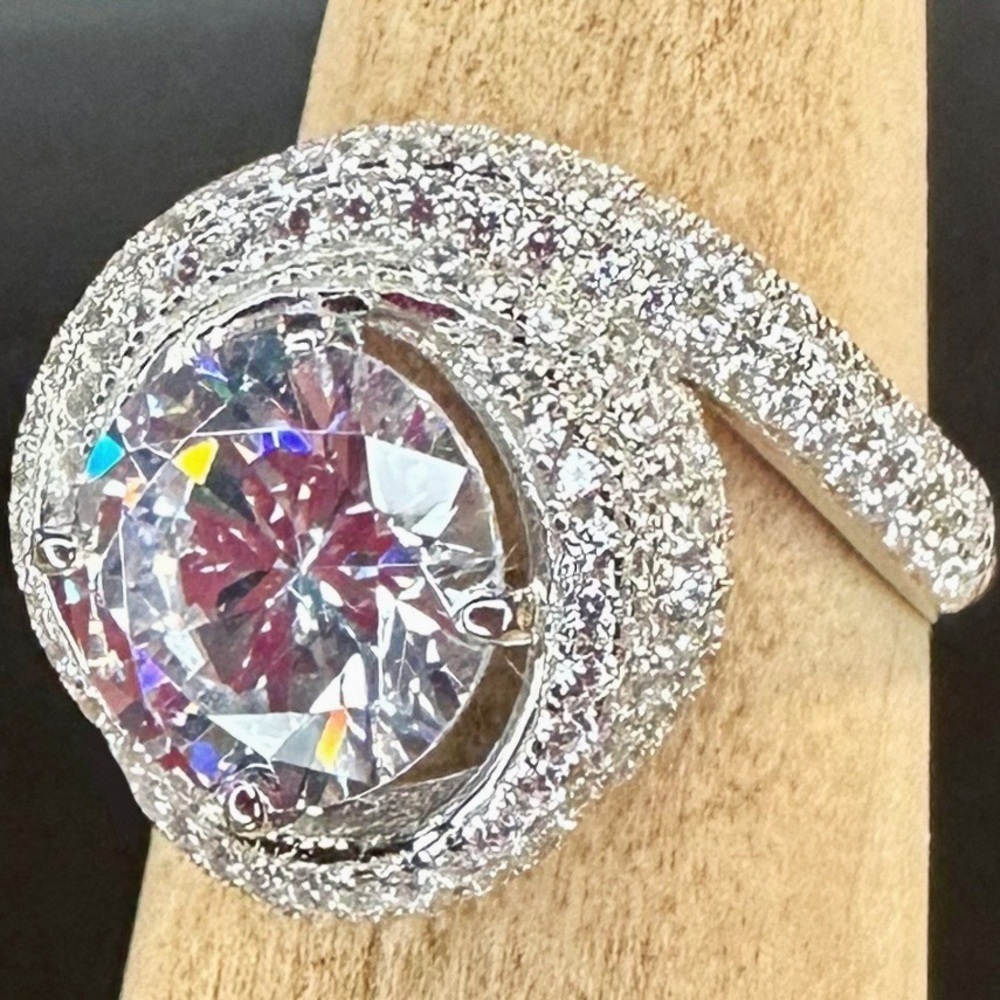 NEW White Cubic Zirconia Rhodium-Plated 925 Sterling Silver Spiral Wrap Ring